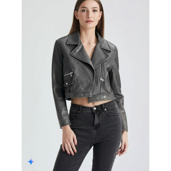 0667 сіра жіноча куртка (екошкіра, 5 од. розміри норма: S. M. M. L. XL)