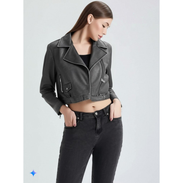 0667 сіра жіноча куртка (екошкіра, 5 од. розміри норма: S. M. M. L. XL)