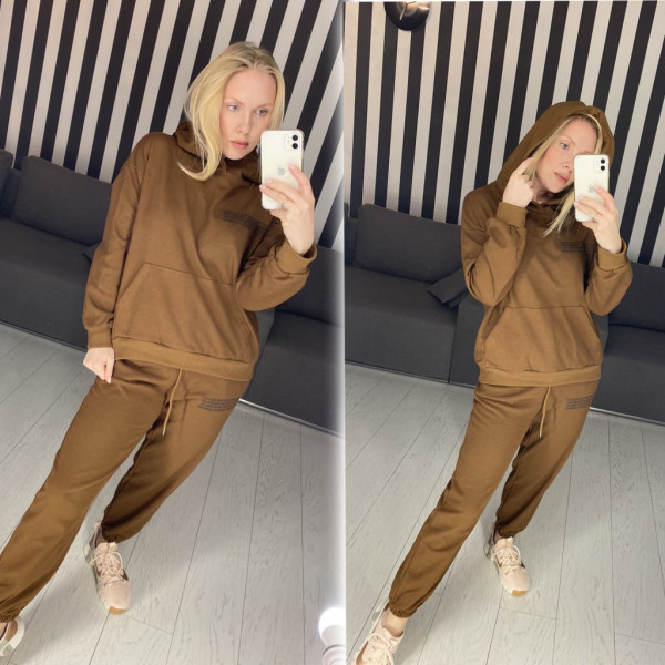 12074-3 / коричневий жіночий спортивний костюм (двонитка, 3 од. розміри напівбатал: L. XL, XL) Спортивний костюм