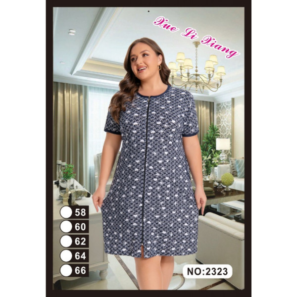 2323 синий женский халат (вискоза, принт, на змейке + завязки, карманы, 5 ед, размеры батал: 58, 60, 62, 64, 66) Халат