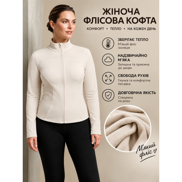 0060-105 Жіноча спортивна кофта на флісі JELEEY молочна