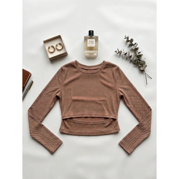 2870-3 бежевый женский кроп-топ ( стрейч коттон, рубчик, с разрезом, 4 ед, размери норма: 42, 44, 46, 48) Кроп-топ