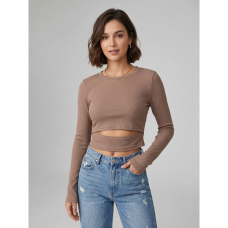 2870-3 бежевый женский кроп-топ ( стрейч коттон, рубчик, с разрезом, 4 ед, размери норма: 42, 44, 46, 48) Кроп-топ