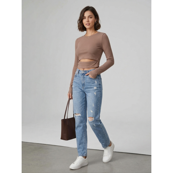 2870-3 бежевый женский кроп-топ ( стрейч коттон, рубчик, с разрезом, 4 ед, размери норма: 42, 44, 46, 48) Кроп-топ