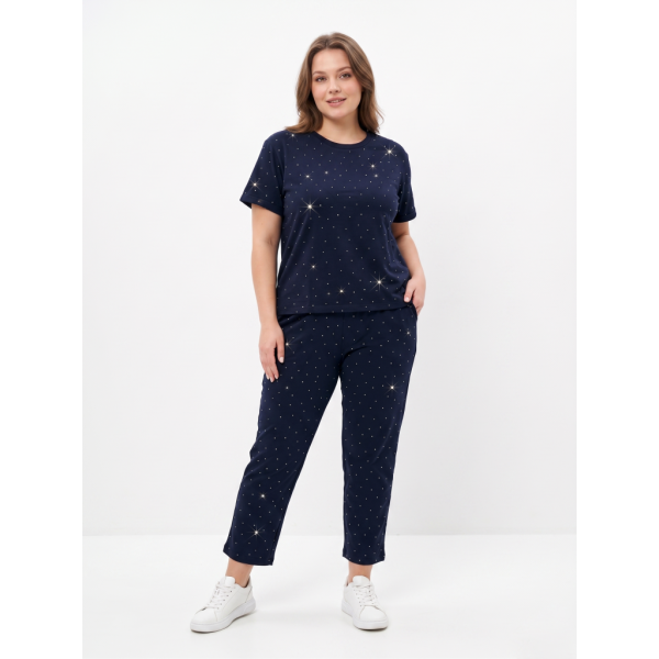 0377-44 синий женский костюм двойка с камнями (футболка + штаны) (5'TH AVENUE, турецкий хлопок, 3 ед. размеры батал: 54. 56. 58) 5`th Avenue