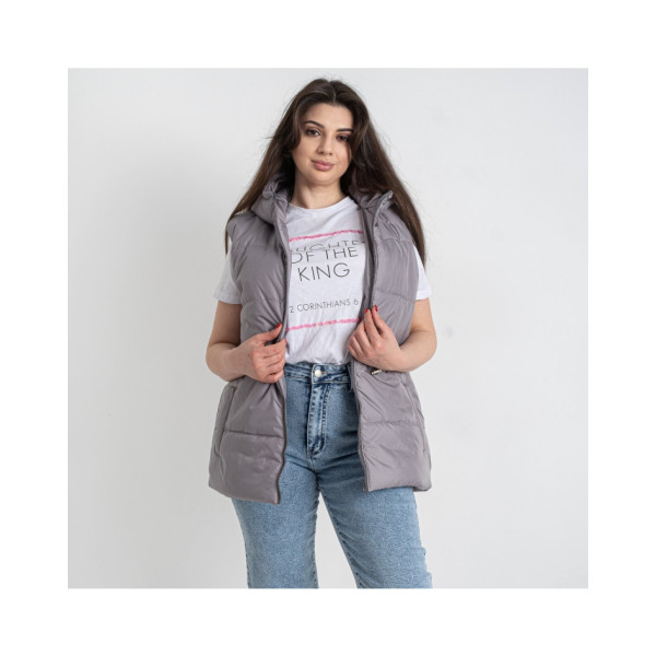 0751-66 сіра жіноча жилетка (5'TH AVENUE, синтепон, капюшон, 3 од. розміри напівбатал: 48. 50. 52)
