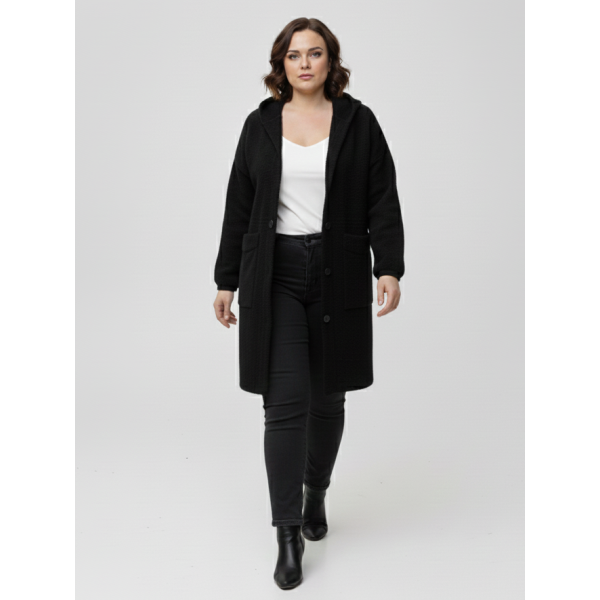 0559-1 чорний жіночий кардиган (вовна альпаки, з капюшоном, 1 од. універсальний розмір батал: 56-60)