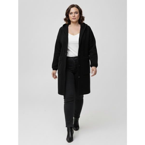 0559-1 чорний жіночий кардиган (вовна альпаки, з капюшоном, 1 од. універсальний розмір батал: 56-60)