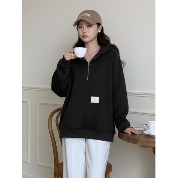 0003-1 чорна жіноча спортивна кофта (змійка, з капюшоном, 5 од., універсальний розмір норма: M-XL)