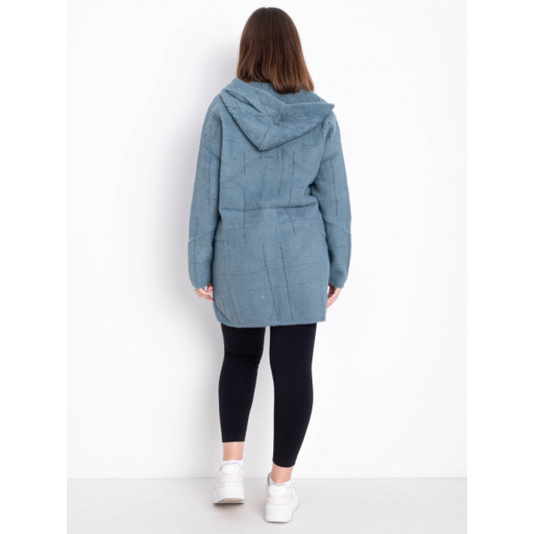0777-77 бирюзовый женский кардиган (шерсть альпаки, с капюшоном, 1 ед. универсальный размер батал: 56-60) Альпака