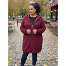 0557-52 бордовый женский кардиган (шерсть альпаки, с капюшоном, 1 ед. универсальный размер батал: 56-60) Альпака