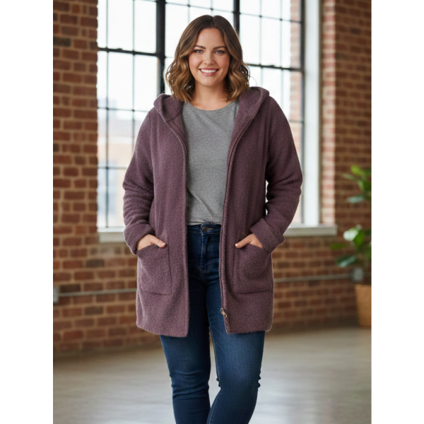 0557-25 светло-фиолетовый женский кардиган (шерсть альпаки, с капюшоном, 1 ед. универсальный размер батал: 56-60) Альпака