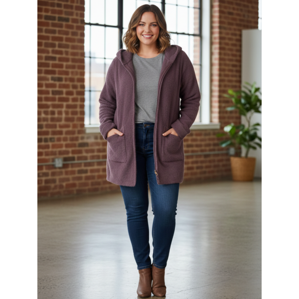 0557-25 светло-фиолетовый женский кардиган (шерсть альпаки, с капюшоном, 1 ед. универсальный размер батал: 56-60) Альпака