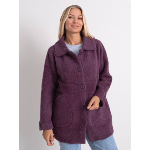 0562-25 фиолетовый женский кардиган (шерсть альпаки, на пуговицах, 1 ед. универсальный полубатальный размер: 46-52) Кардиган
