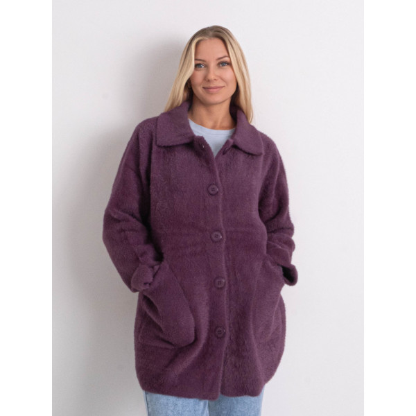 0562-25 фиолетовый женский кардиган (шерсть альпаки, на пуговицах, 1 ед. универсальный полубатальный размер: 46-52) Кардиган