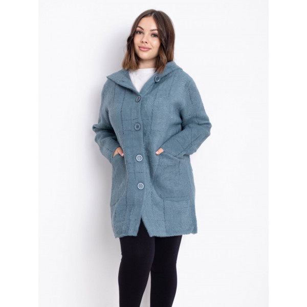0777-77 бирюзовый женский кардиган (шерсть альпаки, с капюшоном, 1 ед. универсальный размер батал: 56-60) Альпака