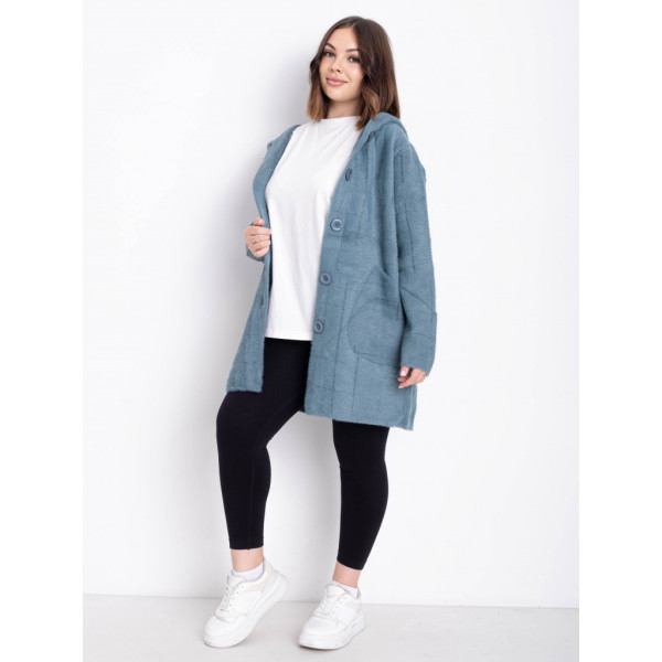 0777-77 бирюзовый женский кардиган (шерсть альпаки, с капюшоном, 1 ед. универсальный размер батал: 56-60) Альпака