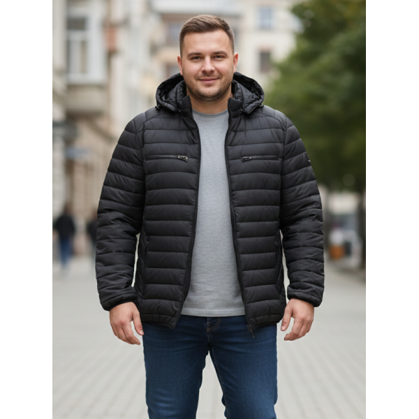 2812-1 чорна чоловіча куртка (синтепон, з капюшоном, 5од, розміри батал: 58, 60, 62, 64, 66)