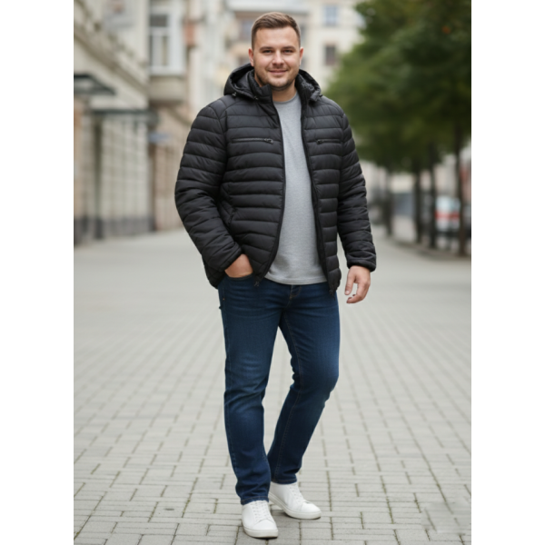 2812-1 чорна чоловіча куртка (синтепон, з капюшоном, 5од, розміри батал: 58, 60, 62, 64, 66)