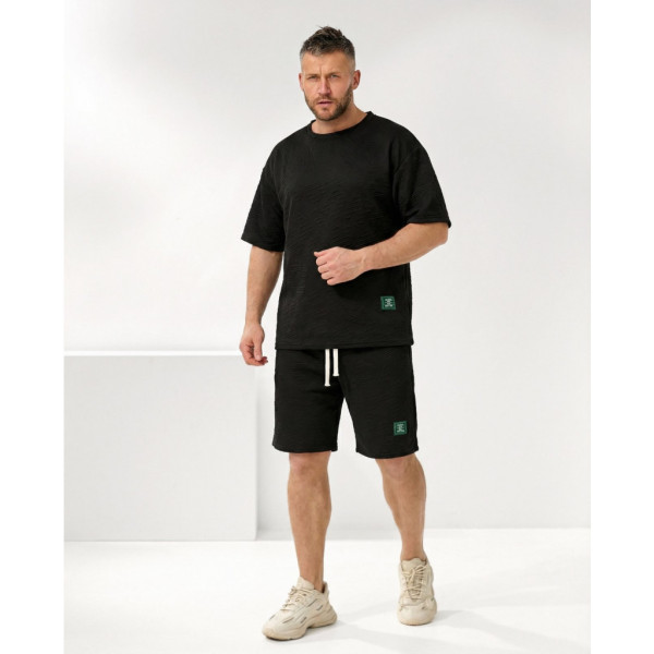 0212-1# черный мужской спортивны костюм двойка, oversize (хлопок+эластан, 4 ед, размеры норма: л, хл, 2хл, 3хл) выдача на следующий день Костюм двойка