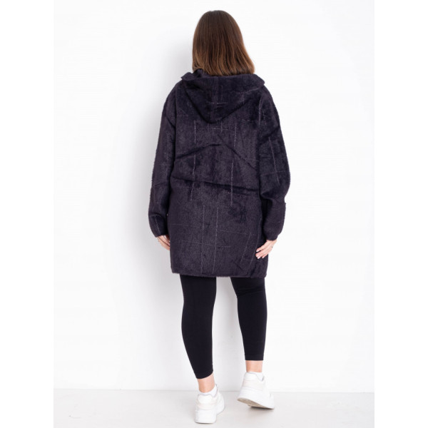 0777-13 темно-фиолетовый женский кардиган (шерсть альпаки, с капюшоном, 1 ед. универсальный размер батал: 56-60) Альпака