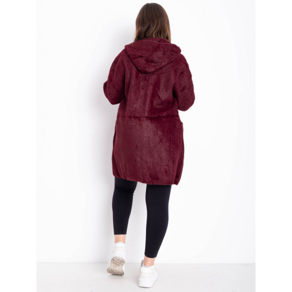 0777-52 бордовый женский кардиган (шерсть альпаки, с капюшоном, 1 ед. универсальный размер батал:56-60) Альпака