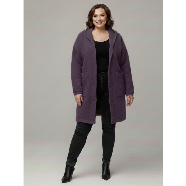0559-24 фиолетовый женский кардиган (шерсть альпаки, с капюшоном, 1 ед. универсальный размер батал: 56-60) Альпака