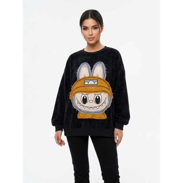 2315-1 черный женский свитшот (двухнитка, варка, нашивка, 1 ед, универсальный размер норма : S/XL) Свитшот