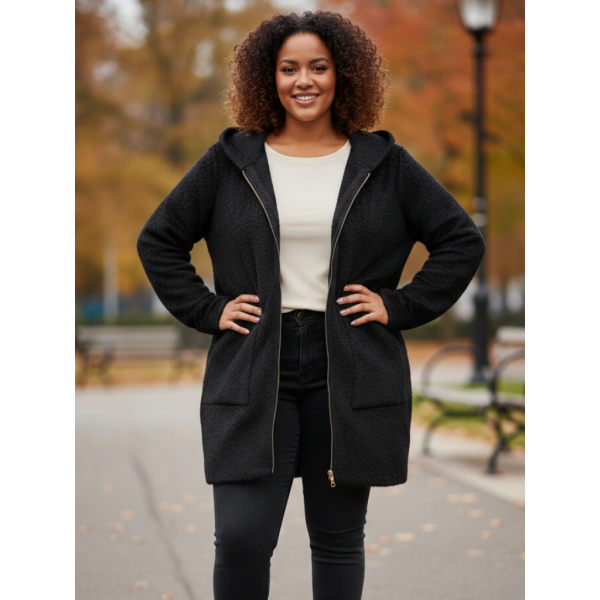 0557-1 черный женский кардиган (шерсть альпаки, с капюшоном, 1 ед. универсальный размер батал: 56-60) Альпака