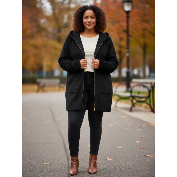 0557-1 черный женский кардиган (шерсть альпаки, с капюшоном, 1 ед. универсальный размер батал: 56-60) Альпака