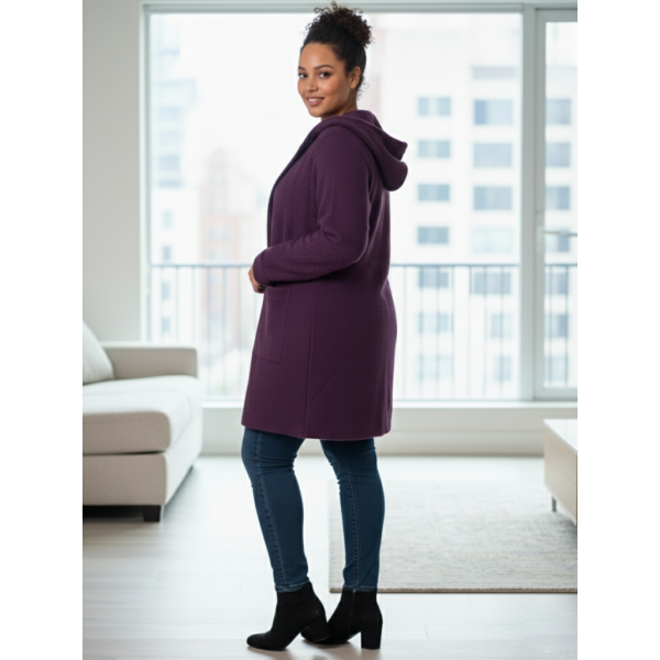 0557-24 фиолетовый женский кардиган (шерсть альпаки, с капюшоном, 1 ед. универсальный размер батал: 56-60) Альпака