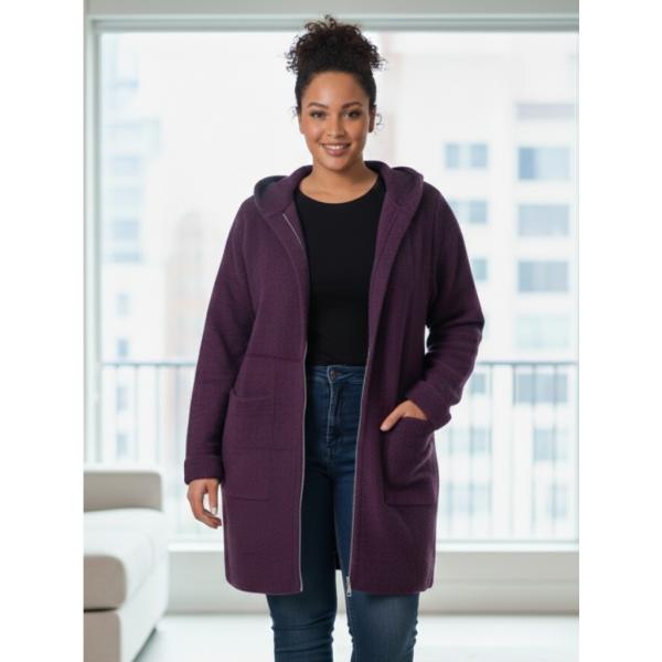 0557-24 фиолетовый женский кардиган (шерсть альпаки, с капюшоном, 1 ед. универсальный размер батал: 56-60) Альпака