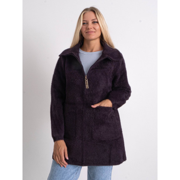 0565-24 темно-фиолетовый женский кардиган (шерсть альпаки, на змейке, 1 ед. универсальный полубатальный размер: 48-52) Кардиган