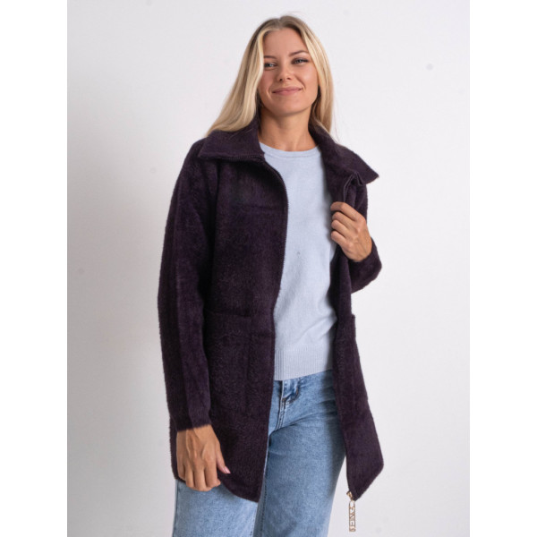 0565-24 темно-фиолетовый женский кардиган (шерсть альпаки, на змейке, 1 ед. универсальный полубатальный размер: 48-52) Кардиган