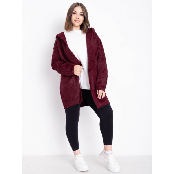 0777-52 бордовый женский кардиган (шерсть альпаки, с капюшоном, 1 ед. универсальный размер батал:56-60) Альпака
