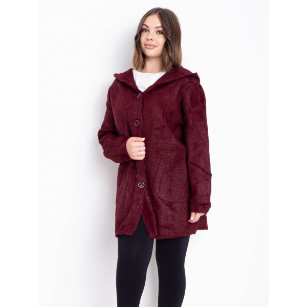 0777-52 бордовый женский кардиган (шерсть альпаки, с капюшоном, 1 ед. универсальный размер батал:56-60) Альпака