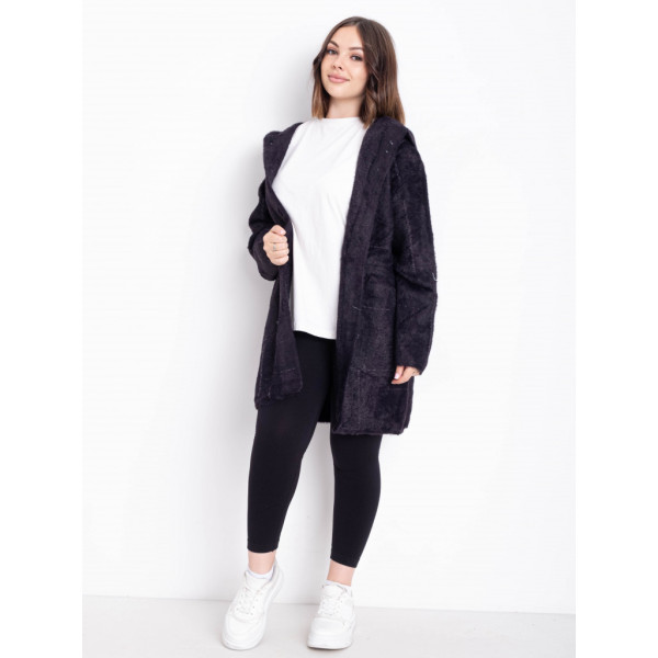 0777-13 темно-фиолетовый женский кардиган (шерсть альпаки, с капюшоном, 1 ед. универсальный размер батал: 56-60) Альпака