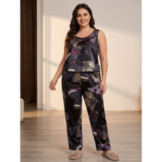 14750-14 черная женская пижама (SARA, с принтом, шелк армани, 2 ед. размеры полубатал: 46/48, 50/52) Sara