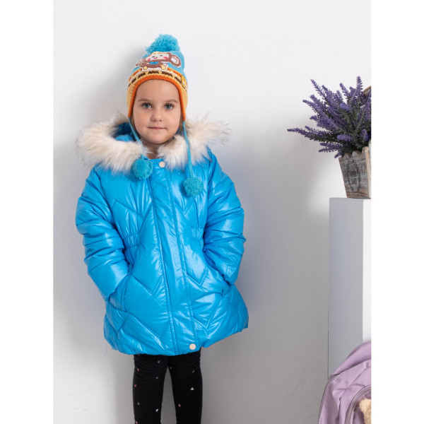 2021-23 блакитна дитяча куртка (на дівчинку 2-6 років, овчина, хутро на капюшоні, 5 од. розміри: 2. 3. 4. 5. 6)