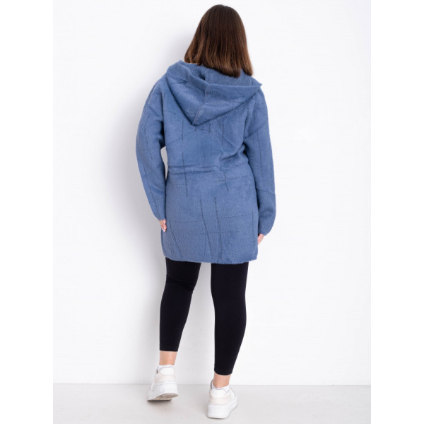 0777-42 голубой женский кардиган (шерсть альпаки, с капюшоном, 1 ед. универсальный размер батал: 56-60) Альпака