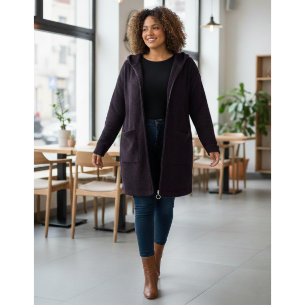 0557-13 темно-фиолетовый женский кардиган (шерсть альпаки, с капюшоном, 1 ед. универсальный размер батал: 56-60) Альпака