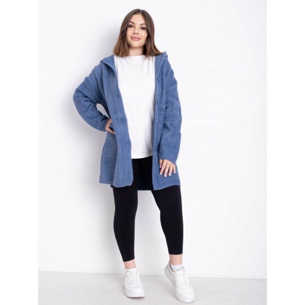 0777-42 голубой женский кардиган (шерсть альпаки, с капюшоном, 1 ед. универсальный размер батал: 56-60) Альпака