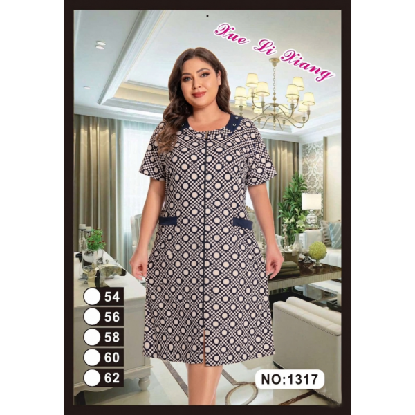 1317-3 бежевый женский халат (вискоза, принт, на змейке + завязки, карманы, 5 ед, размеры батал: 54, 56, 58, 60, 62) Халат