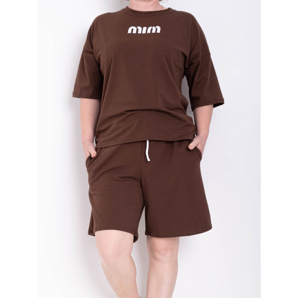 1691-9 коричневий жіночий костюм двійка (футболка + шорти) (5'TH AVENUE, турецька бавовна, 3 од. розміри напівбатал: 48. 50. 52)