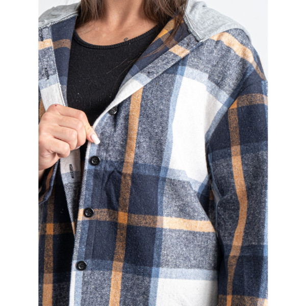 7732-22 синя жіноча сорочка в клітку з капюшоном (JJF, байкова, 4 од. розміри напівбатал: XL. 2XL. 3XL. 4XL )