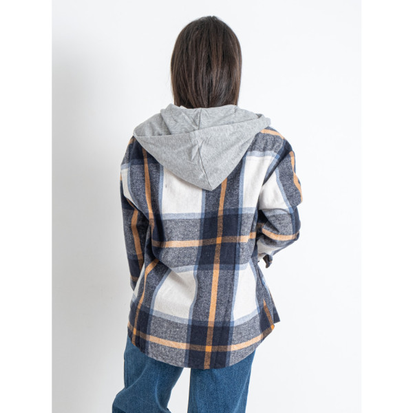 7732-22 синя жіноча сорочка в клітку з капюшоном (JJF, байкова, 4 од. розміри напівбатал: XL. 2XL. 3XL. 4XL )