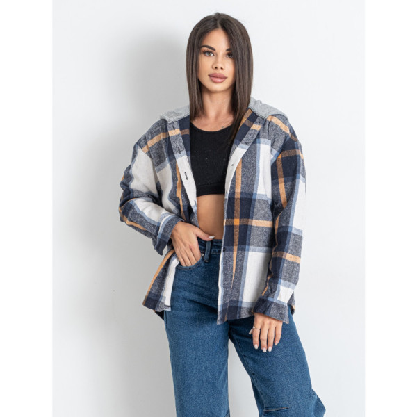 7732-22 синя жіноча сорочка в клітку з капюшоном (JJF, байкова, 4 од. розміри напівбатал: XL. 2XL. 3XL. 4XL )