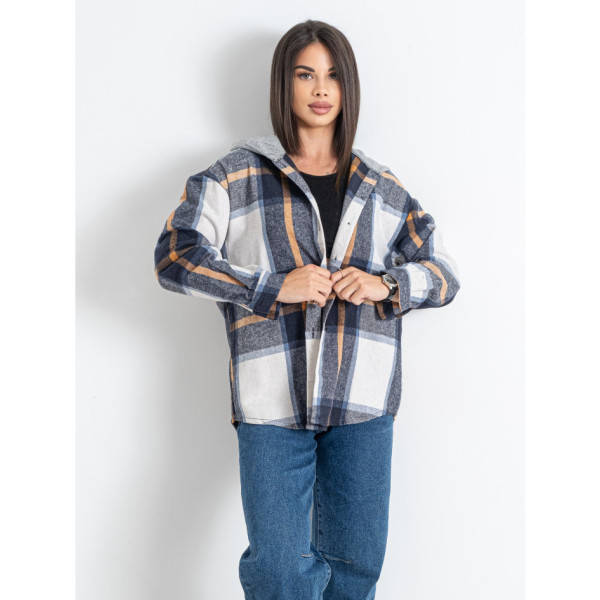 7732-22 синя жіноча сорочка в клітку з капюшоном (JJF, байкова, 4 од. розміри напівбатал: XL. 2XL. 3XL. 4XL )