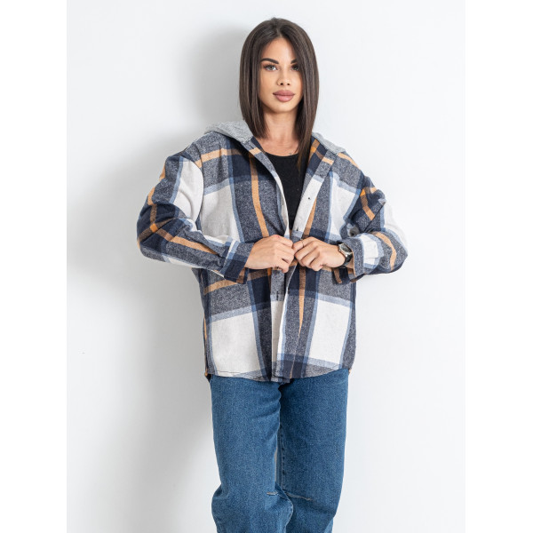 7732-22 синя жіноча сорочка в клітку з капюшоном (JJF, байкова, 4 од. розміри напівбатал: XL. 2XL. 3XL. 4XL )