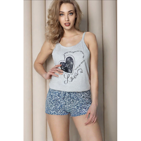 3144-6 сіра жіноча піжама з принтом (майка + шорти) (4 од. розміри норма: M. L. XL. 2XL) партія 3099